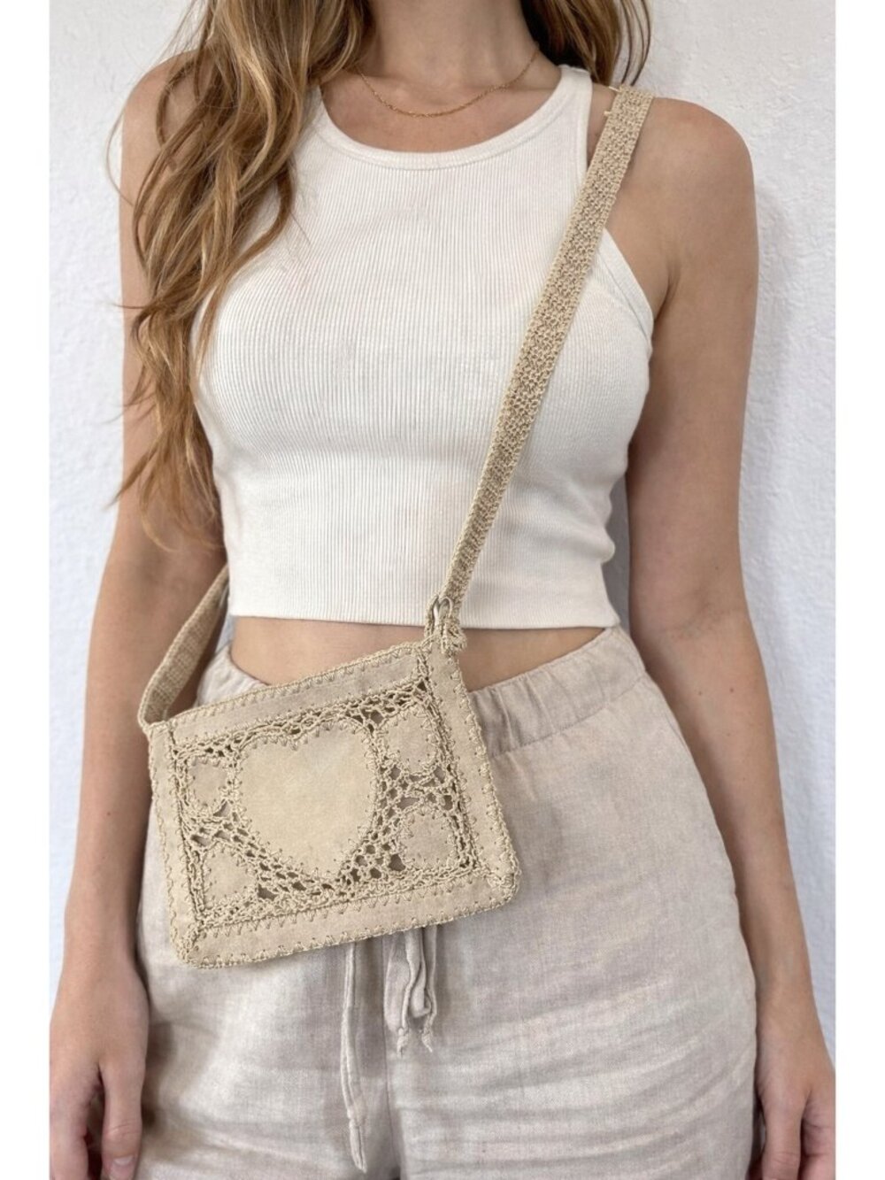 Joe Boxer Crochet Lace Crossbody Bag Boho Beige Small Purse Y2K
